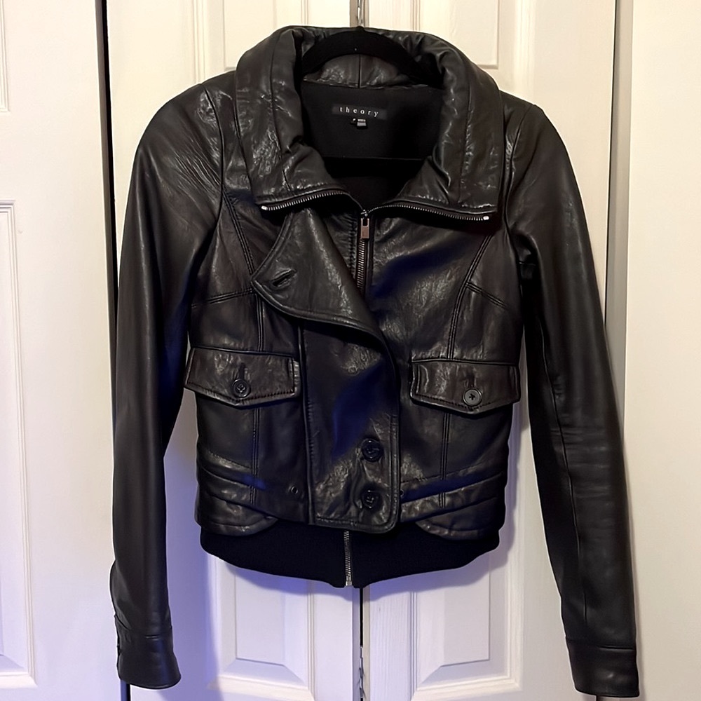 THEORY Luxury Leather Moto Jacket - Women’s 0P - Optional Hidden Hood